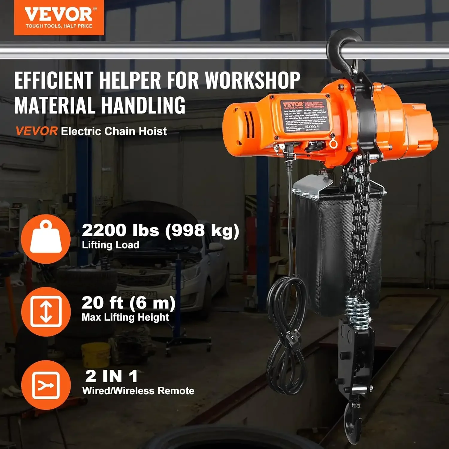Electric Chain Hoist 2200 lbs Load 20 ft Lifting Height 120V Single Phase Overhead Crane with Chain 328 ft Wireless 15 ft