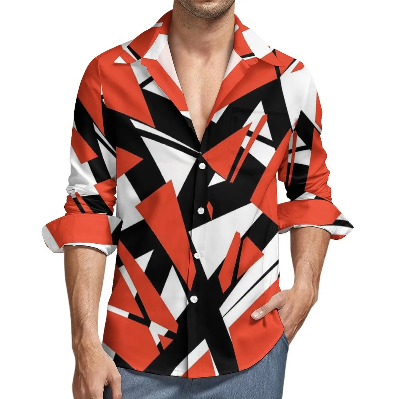 Van Halen Shirt Autumn Lines Print Casual Shirts Male Vintage Blouses Long Sleeve Printed Stylish Clothing Plus Size No Pockets