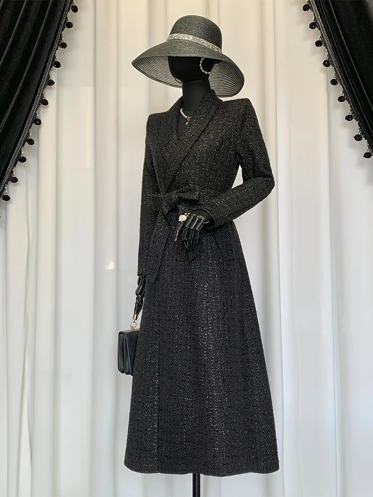 

Bla Knitted Large Flower Long A-Line Coat Belted Slimming Sle Women's Windbreaker Long Sve Suit Collar Commute Faion