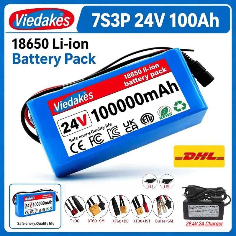 

Viedakes 7S3P 24V 100Ah 18650 Li-ion Battery Pack, Rechargeable Large Capacity Battery With 29.4V Charger, Multi Connectors
