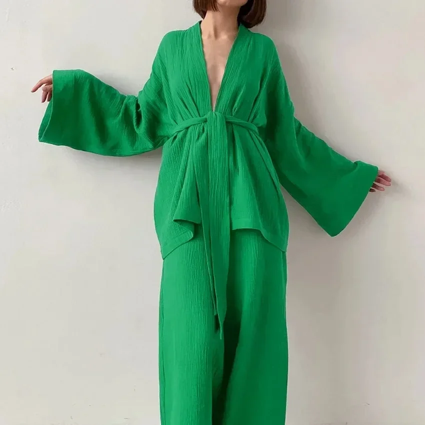 Women's Nightgown Robe Loose Pajama Sets Flare Nightgown+Trouser 2Pcs Suit Solid Color 2024 Spring Autumn Female Bathrobe