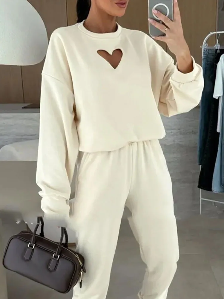 Feminino o pescoço manga comprida moletom e calças 2 peça conjunto simples casual outono terno esportivo novo 2025 solto roupa de fitness