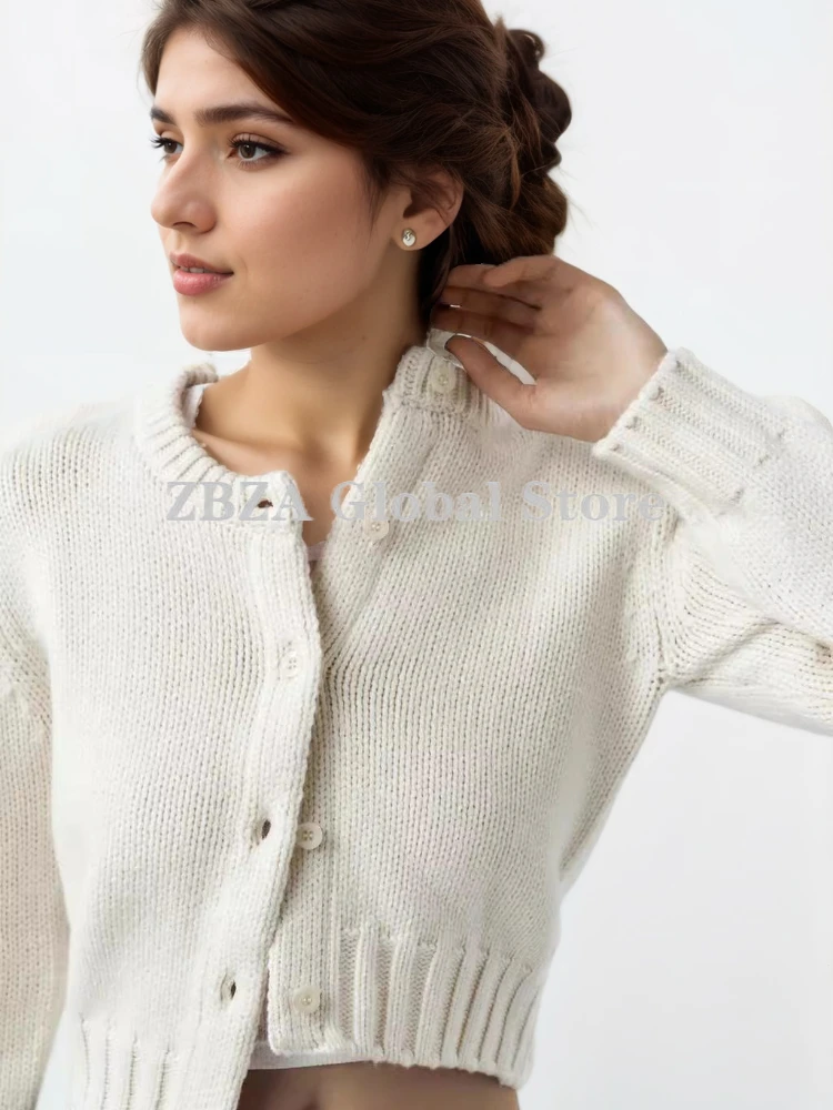 ZBZA Women Vintage Knit Cardigan Solid Crew Neck Long Sleeve Single Breasted Threaded Hem Short Sweater Fall Winter New Lady Top