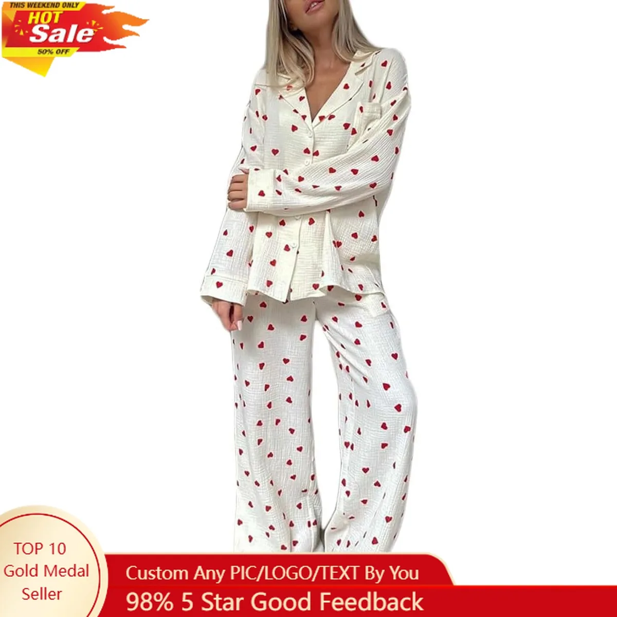 

Womens Pajama Sets Cotton Pj Set Cute Heart Print Long Sleeve Button Down Shirt With Long Pants