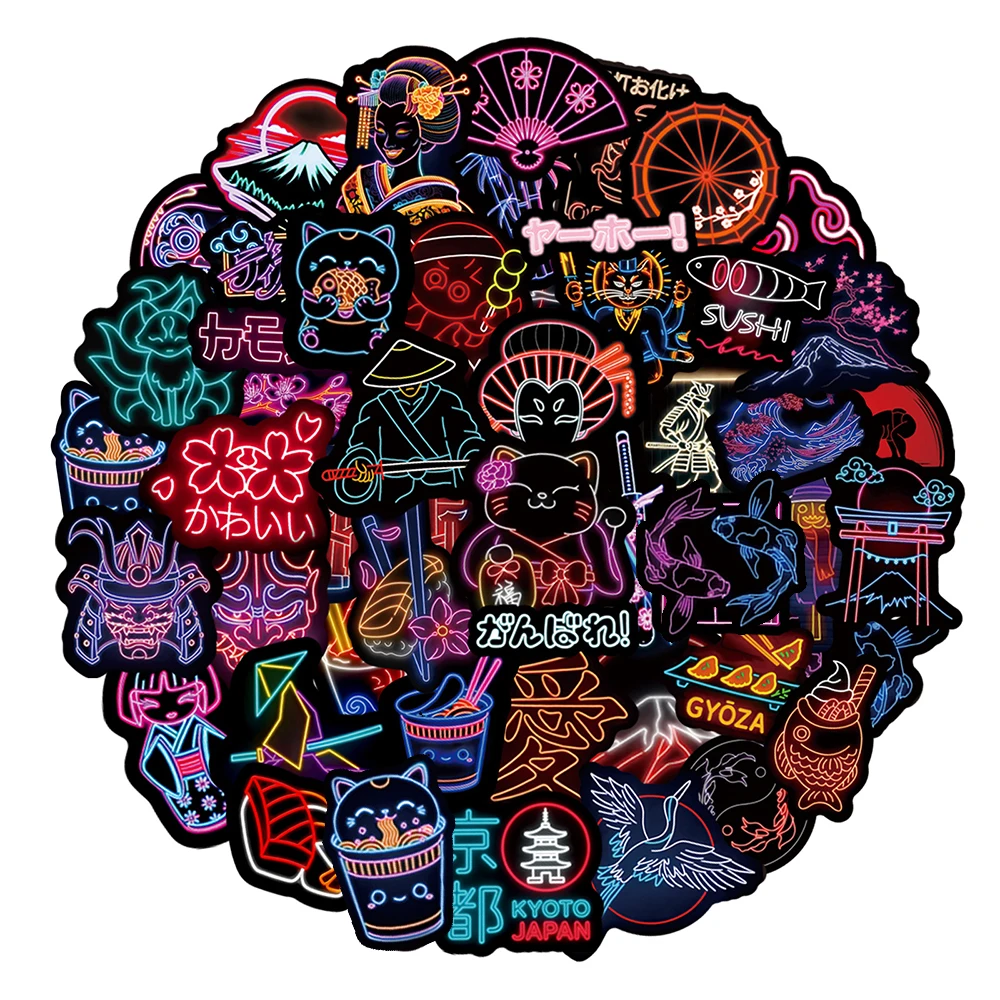 10/30/50pcs Japanese Cultural Element Neon Light Stickers Cool Cartoon Graffiti Sticker DIY Laptop Suitcase Phone Decals Decor