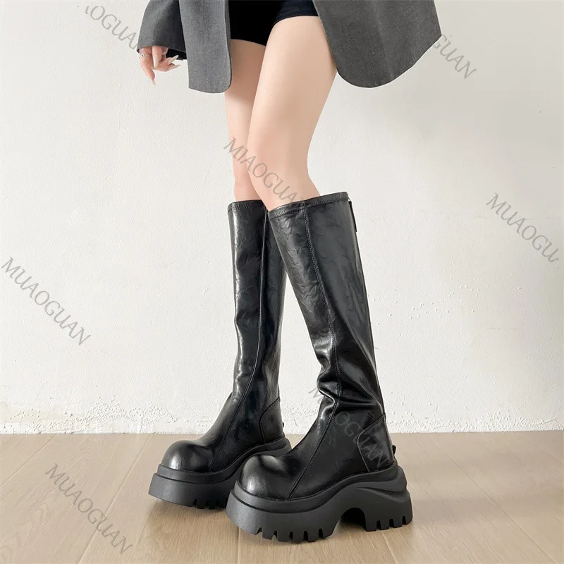 

2025 Осенние длинные сапоги для женщин, черные, коричневые кожаные женские туфли на толстой подошве с круглым носком до колена, рыцарские ботинки на массивном каблуке