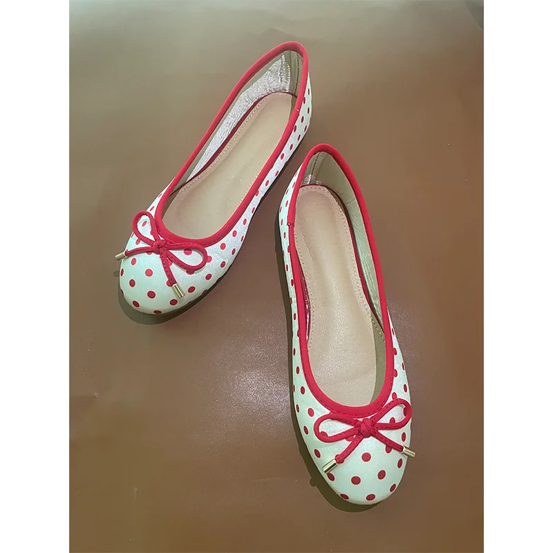Red Polka Dot Flat Bottom Ballet Shoes 2026 New  Knot Women Stand Long Not Tired Foot round Head Shallow Mouth Singl...