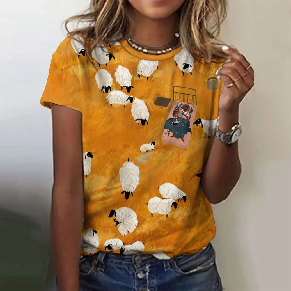Koszulki damskie z nadrukiem 3D zwierząt z kreskówek, modne, codzienne koszulki z krótkim rękawem, Y2k Harajuku, bluzki z okrągłym dekoltem, odzież uliczna, topy damskie