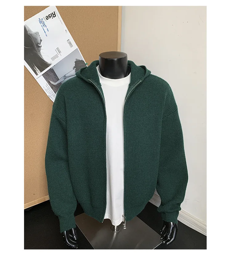 2026 New Autumn Winter Simple Solid Color Knitted Hoodie Men Japan Korean Fashion Casual Loose Double Zipper Hooded Jacket