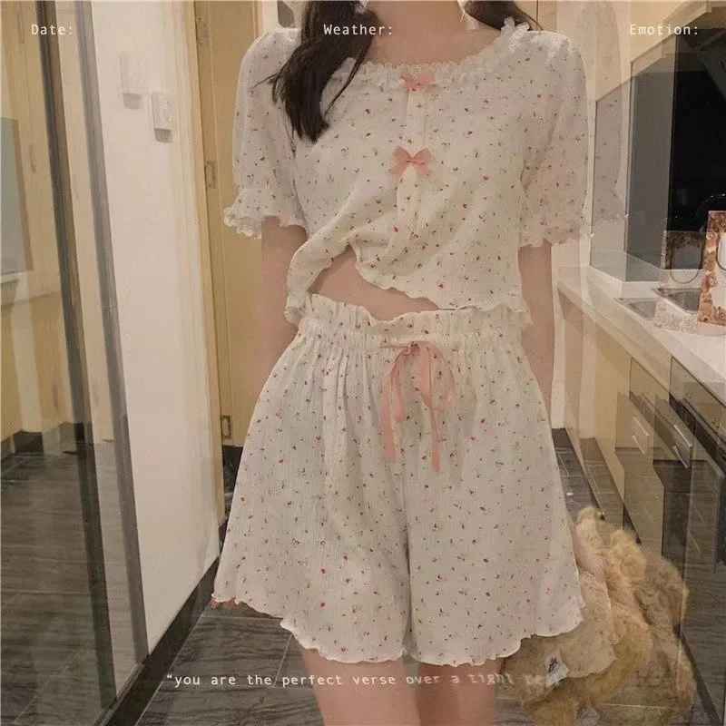 Summer Girls Short Sleeves 2/pce Pajama Lady Floral Print Casual Loose Pajama Loungewear Women Lace Bows Indoor Sleepwear Pajama view 3