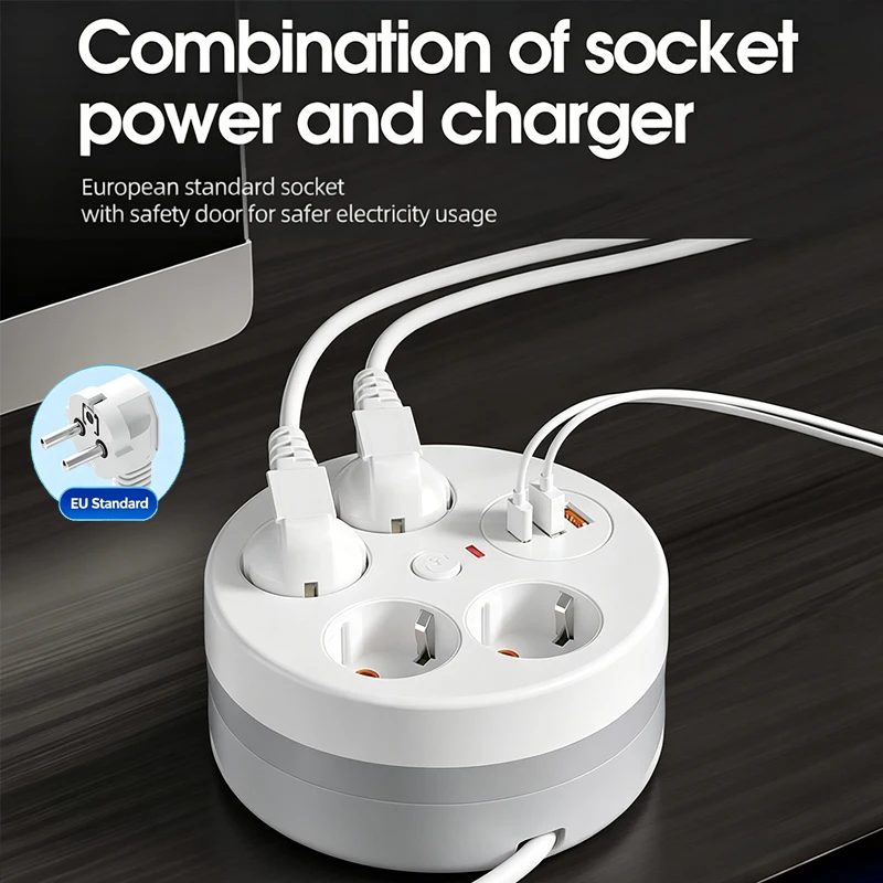 EU Power Strip Wall Socket Extender With 2.8M Extension Line 4 AC Outlets 2 USB-A 1 USB-C Ports 7-in-1 Multi-functional Socket