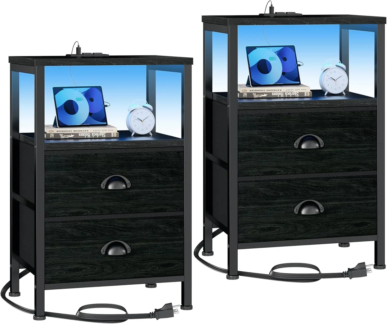 

2-Piece Nightstand Set with LED Lights, Charging Station & Fabric Drawers for Bedroom/Living Room, Black Oak Finish