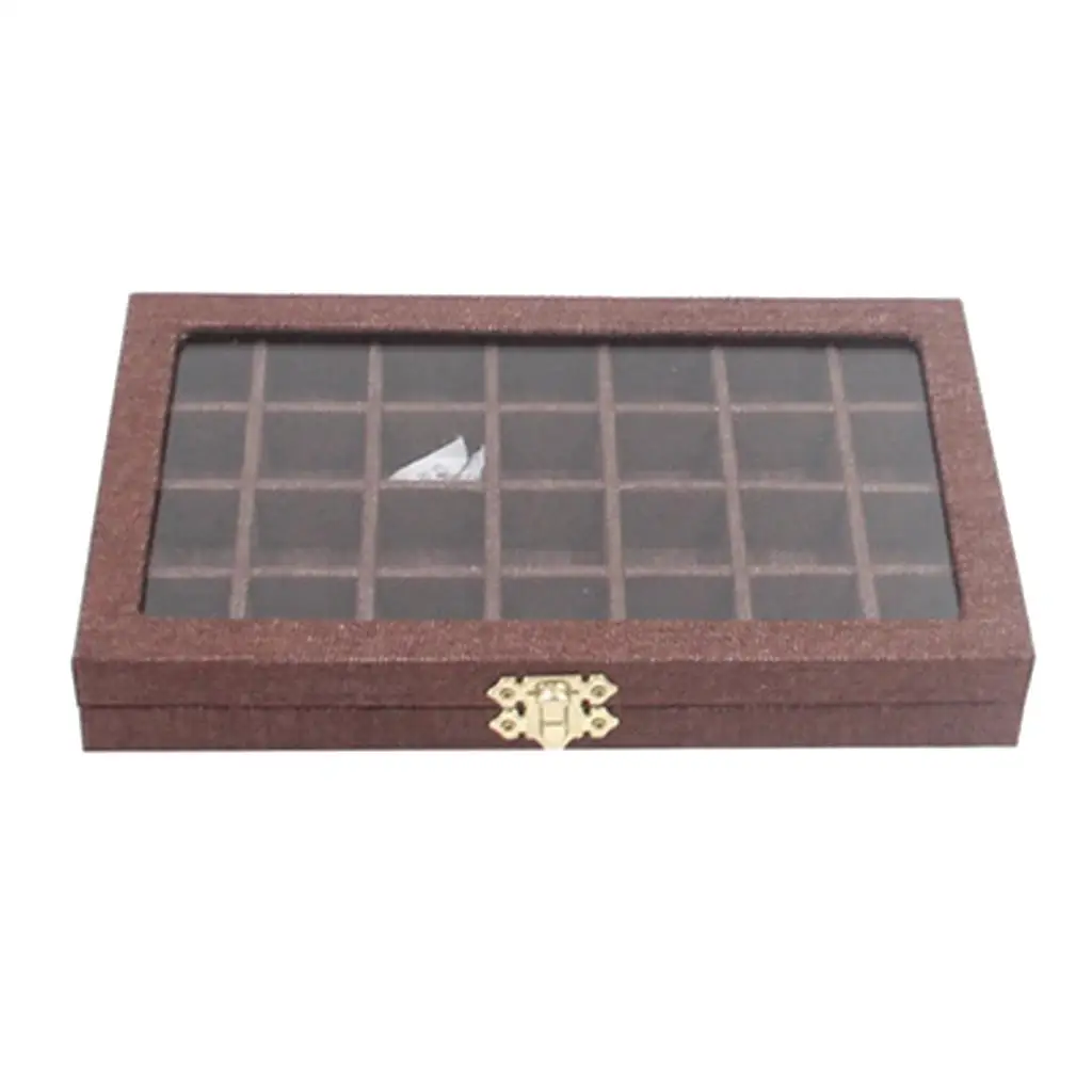 Sackcloth Linen Clear Lid Jewelry Tray Showcase Display Storage Box 28 Grids Sackcloth Jewelry Box Packaging