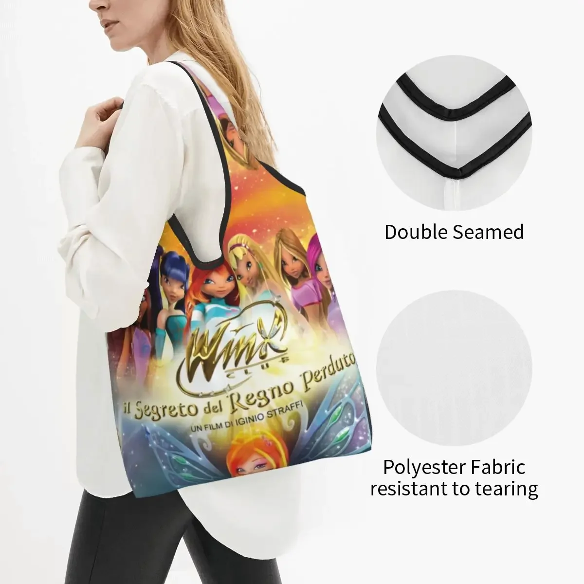 Custom Anime Winx Club Grocery Tote Shopping Bag Women Cute Shopper Shoulder Bags Large Capacity Handbag