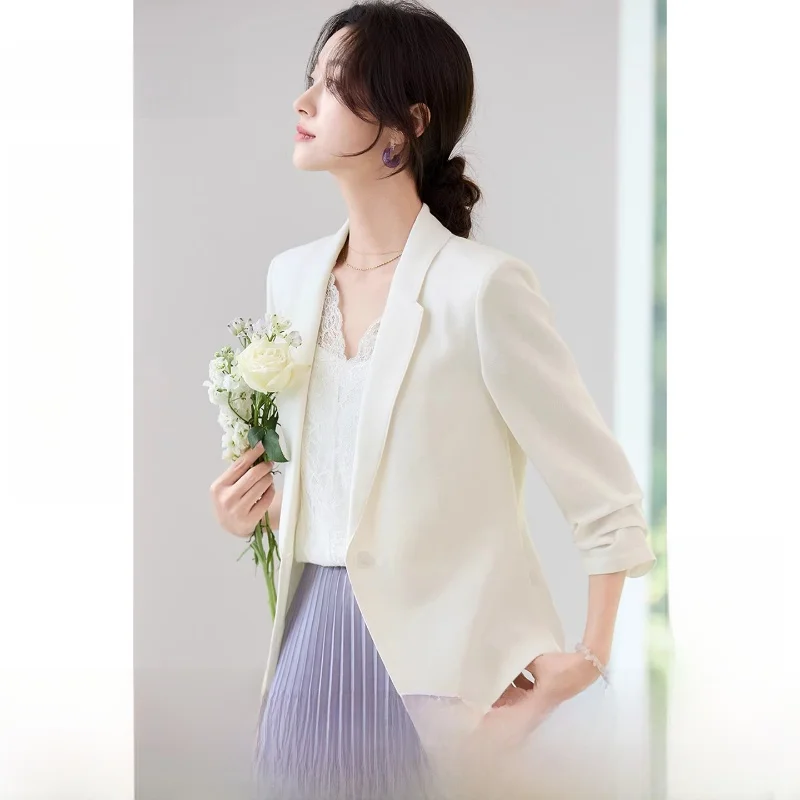 

Весенняя легкая куртка для женщин, на одной пуговице, с подплечниками, рукавом 7/8, свободного кроя, стройнящая, в японском стиле, однотонная