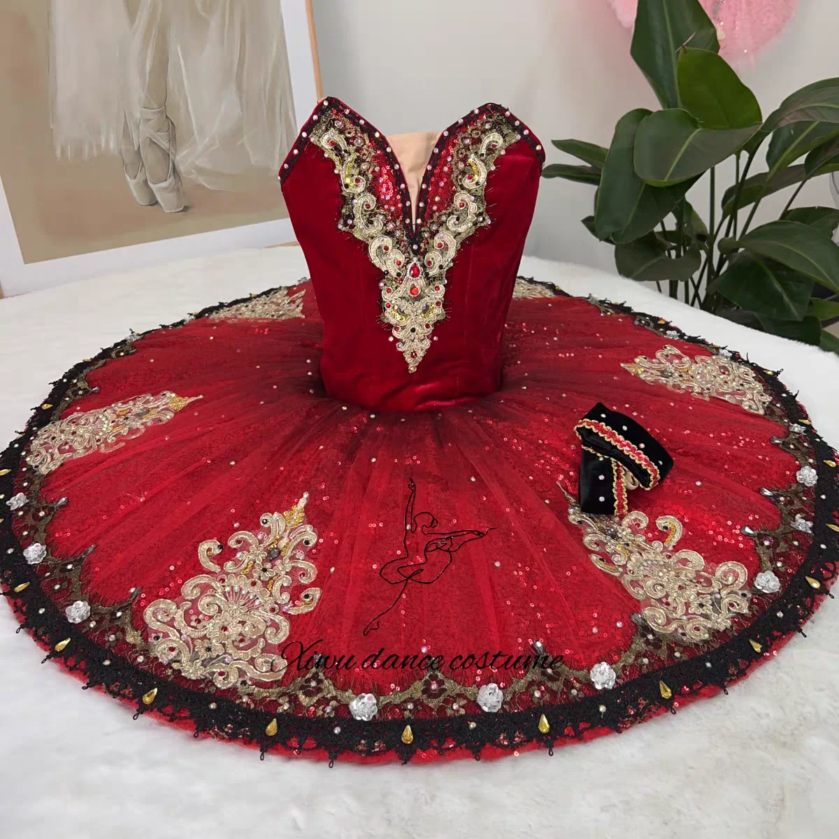 Red Luxury Embroidered Professional Ballet Performance Tutu