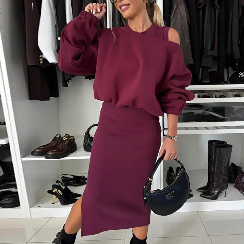 

Elegant Sweatshirt dress set Women Autumn one off shoulder batwing sleeve pullover top and vest long dress 2pcs set Elegant dres