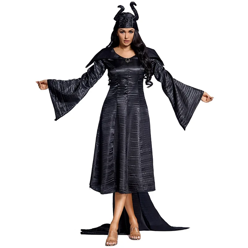 

Dark Witch Costume Halloween Horned Dress Gothic Long Sleeve Costume Movie Role Play Carnival Outfit Evil Sorceress Tailed Gown