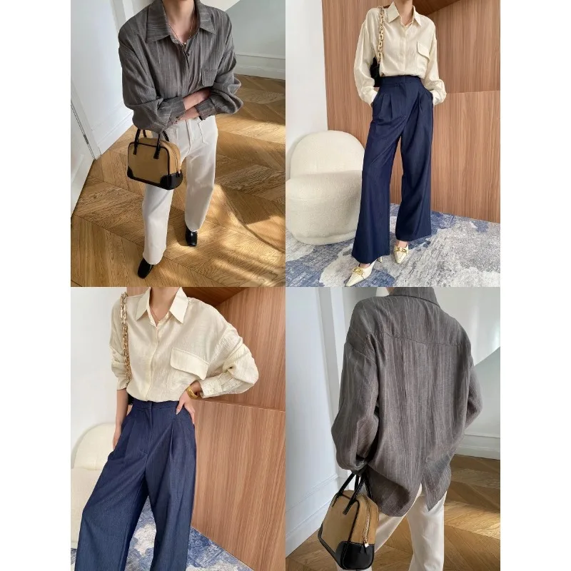 

Early Autumn New Style, Thin Tencel Fabric, Pleated Texture Design, Slit and Lapel Long-sleeved Shirt