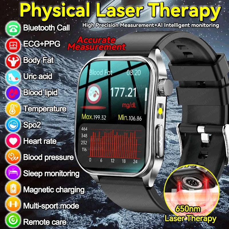 

2025 New Mcro Phsical Examination 650nm Laser Therapy ECG Urci Acid Blood Fat Smart Watch Men Blood Pressure Heart Rate Bracelet