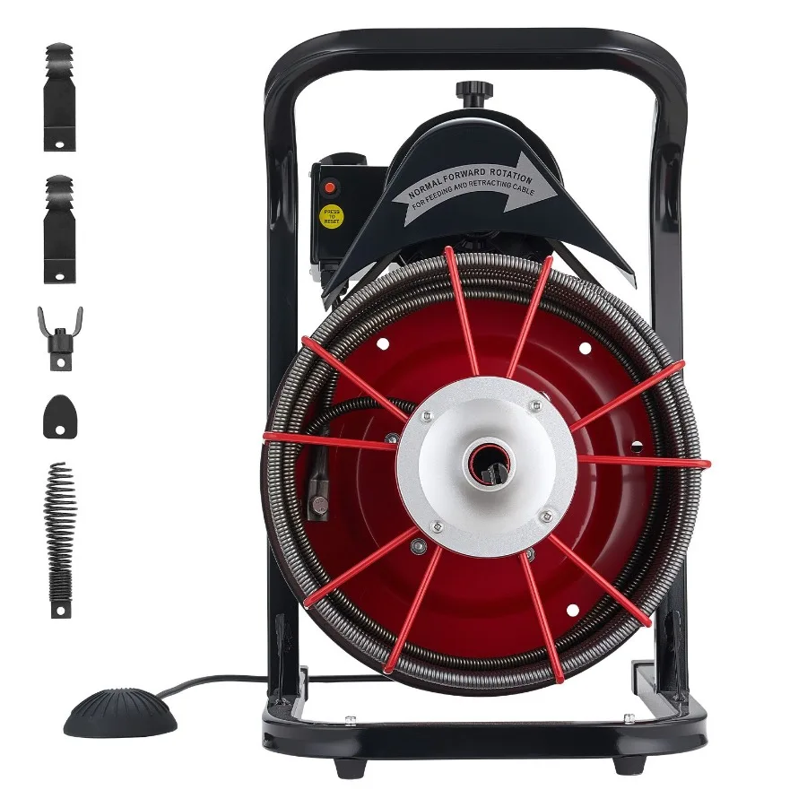 

Drain Cleaner Machine 75 FT x 1/2 Inch Sewer Snake Auger Manual Feed with 4 Cutters Air-activated Foot Switch for 2 to 6 Pipes