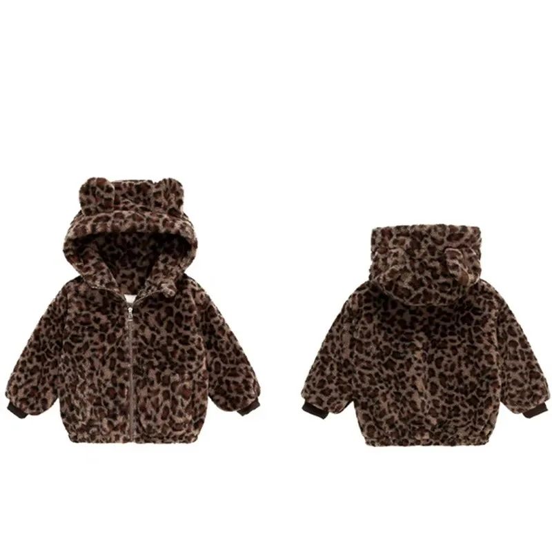 Infant Girl Winter Leopard Print Fur Coat Baby Thermal Clothes Kids Warm Leopard Ear Hoodie Outerwear Child Thick Wool Jacket