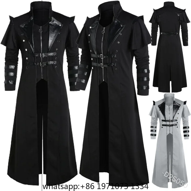 Vintage Halloween Medieval Steampunk Assassin Elves Pirate Costume Adult Men Black Long Split Jacket Gothic Armor Leather Coats