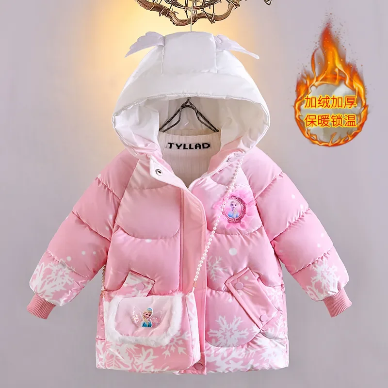 2024 Winter Baby Girls down Jacket Children Frozen Elsa Hooded Coats with Bag Kids Warm Plush Windbreaker Coat Princess Costumes