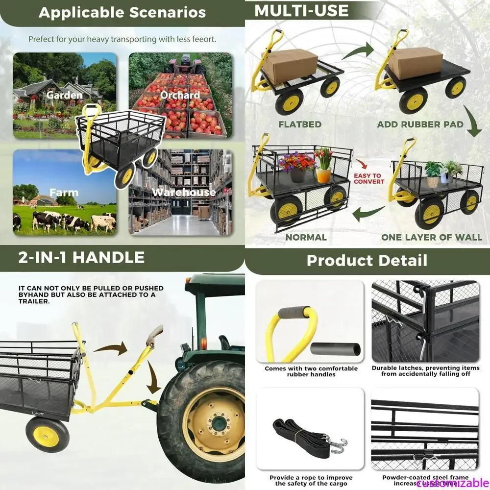 

Прочная садовая тележка грузоподъемностью 1400 фунтов с отсоединяемыми сетчатыми боковинами и большой вместимостью для продуктов и уличных работ