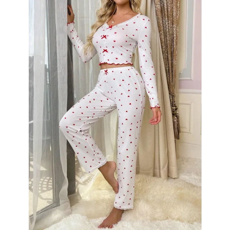 

Модный дизайн, женская домашняя одежда, пижама с v-образным вырезом и длинными рукавами с принтом сердца, пуловер, свободные брюки, комплект из двух предметов, уличный комплект