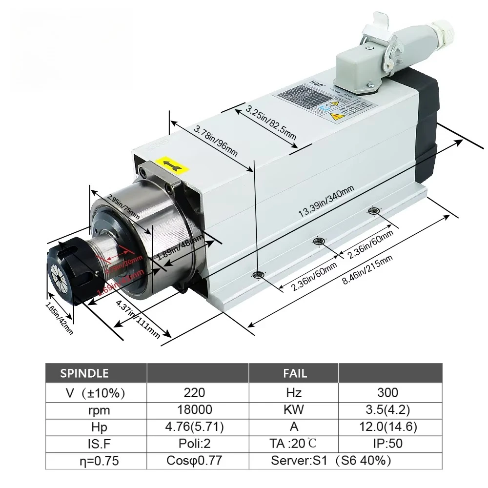 HLTNC HQD 93 * 82 18000 rpm square air cooled 3.5kw ER25 220V 300HZ numerical control metal junction box connector plug spindle