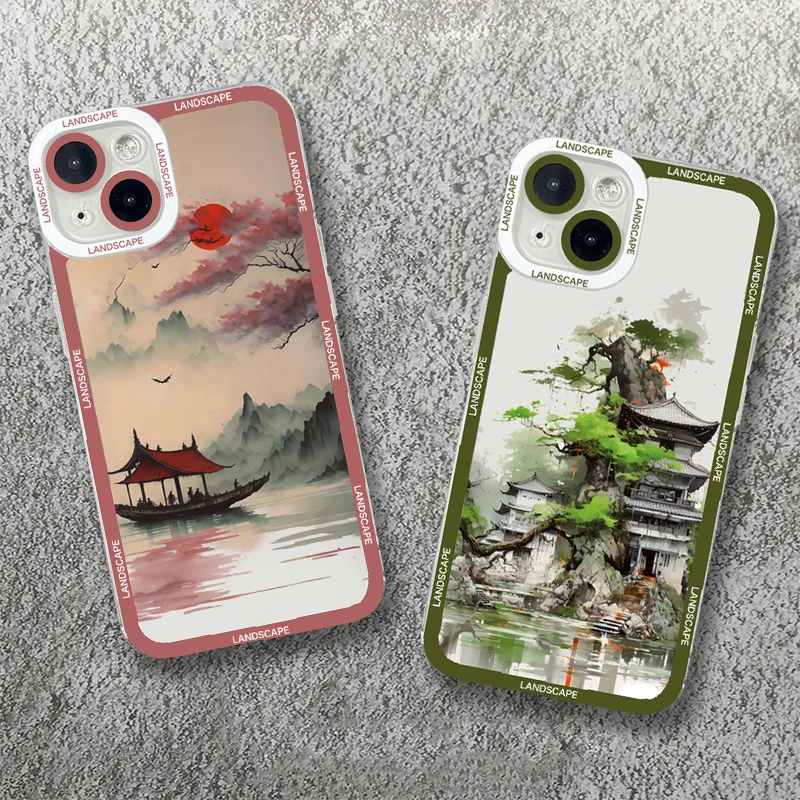 Phone Case for Xiaomi Redmi Note 12S 11S 10S 10 11 12 13 Pro Plus Max 5G 12C 13C 10C 12 4G Ink and Wash Landscape Soft Cover