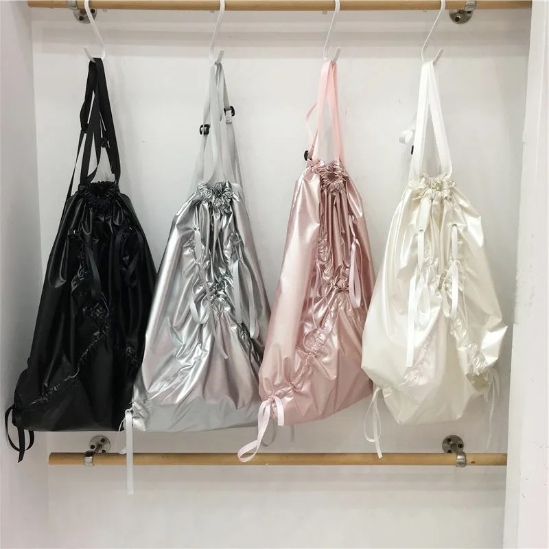 

2024 New South Korea Niche silver Drawstring Backpack Casual Storage Cloth Bag All-match Backpack