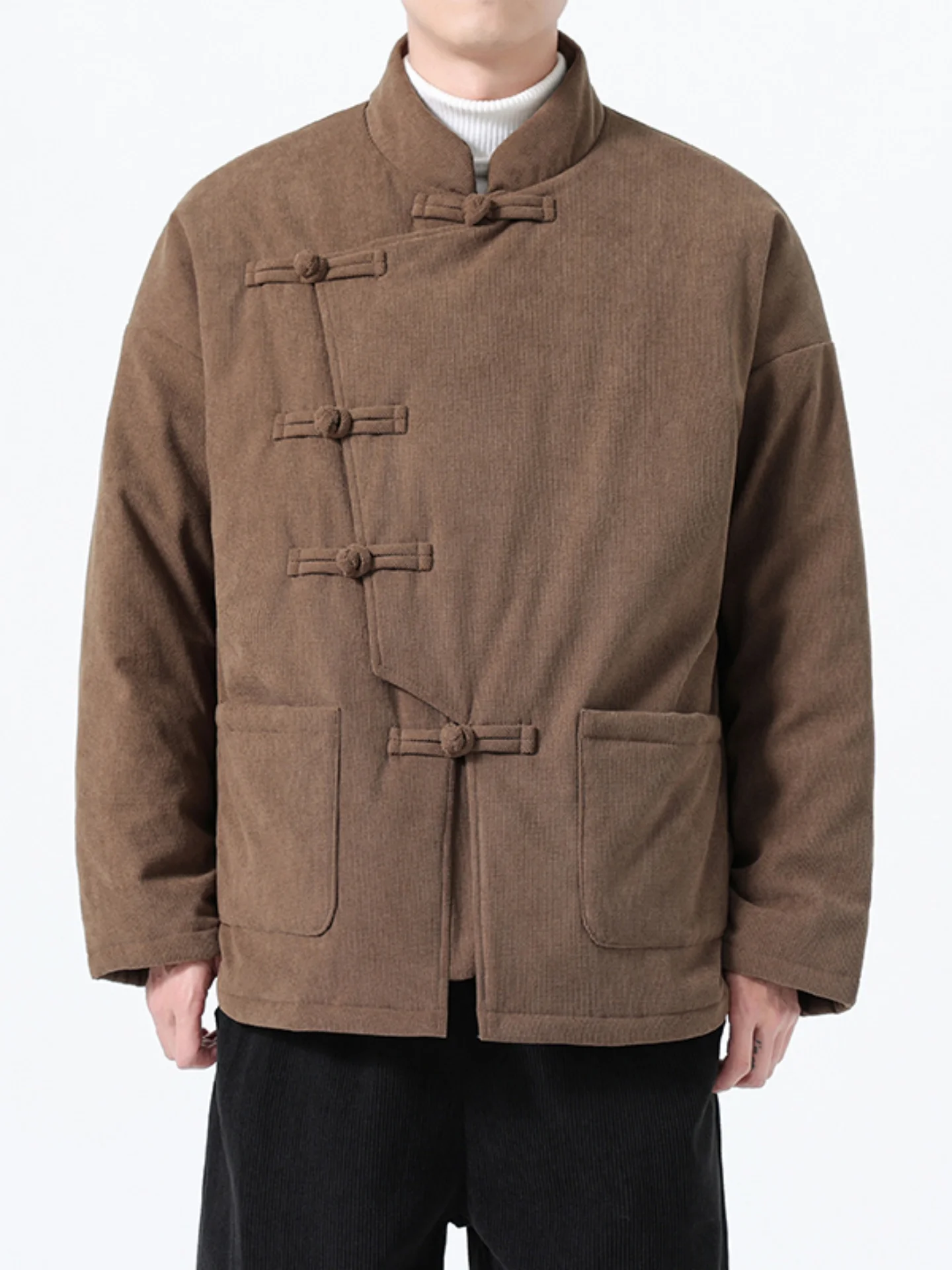 

New Chinese Sle Thiened Winter Jaet Men's Cotton Padded Coat with Button Closure Long Sve Warm Casual Outerwear