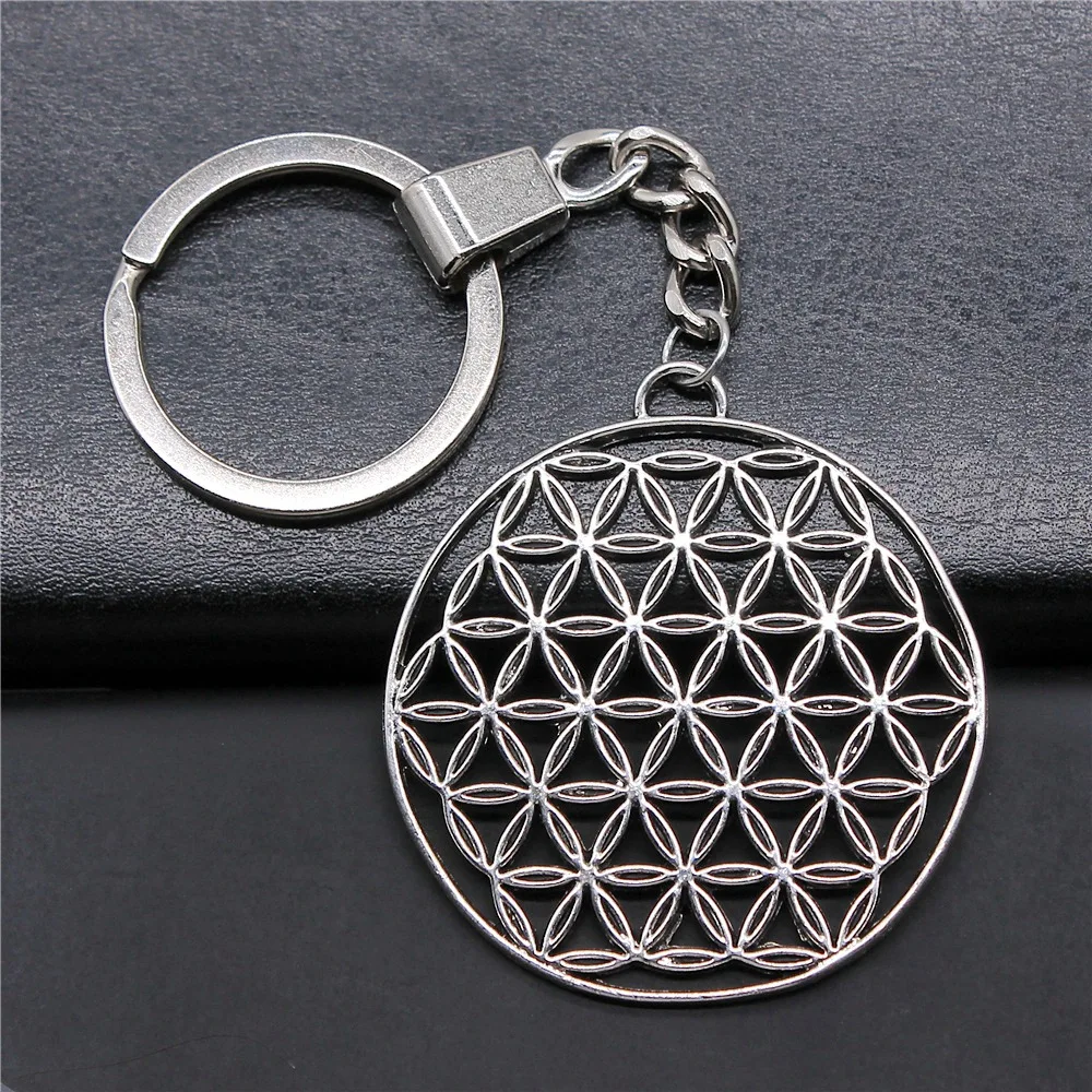 Woemn Men Keychain Dropshipping Antique Silver Color 48x44mm The Flower Of Life The Seed Of Life Pendant Keyring Gift