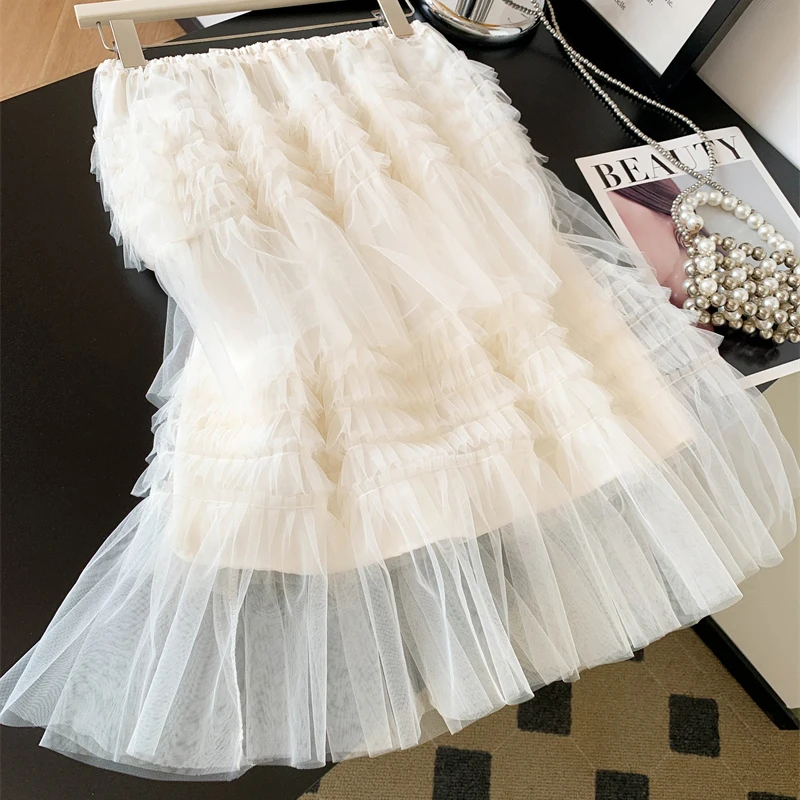 Korean Fashion Sweet Lace Mesh Skirt Knee-length Elastic High Waist Tierred Ruched Apricot Skirts Women 2026 New Summer Skirt