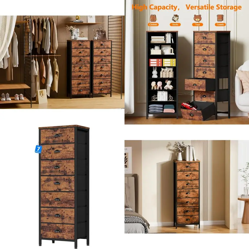 

Тумба с 7 ящиками в индустриальном стиле, высокий вертикальный шкаф для хранения вещей для спальни, гостиной или прихожей - коричневый стальной каркас в деревенском стиле