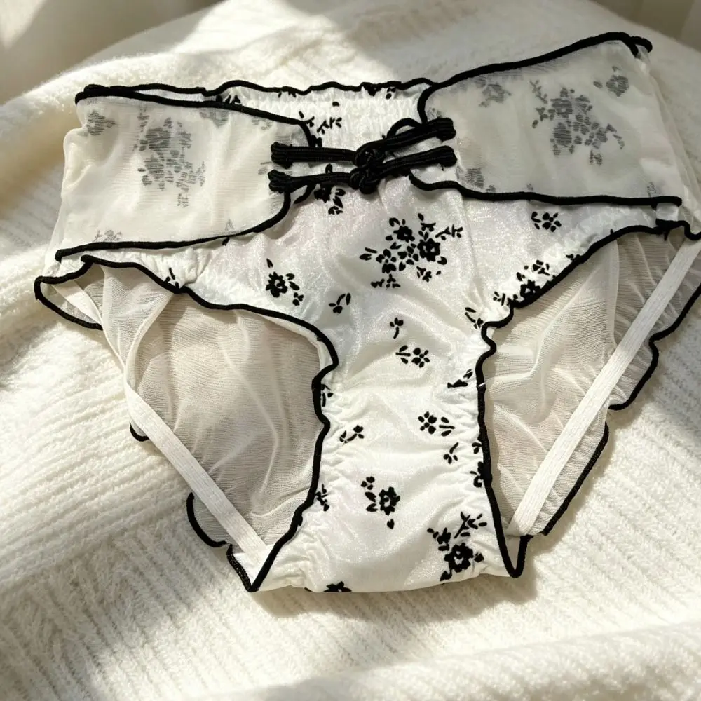 Comfortable Low Waist Women Underwear Buckle Design Mesh Chinese Style Briefs Transparent Ruffle Ice Silk Panties Retro Style