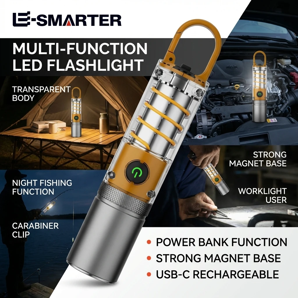 Dual Source Strong LED Tungsten Lamp Telescopic Zoom Flashlight Waterproof Outdoor Camping Work Light Bright Torch With Hook