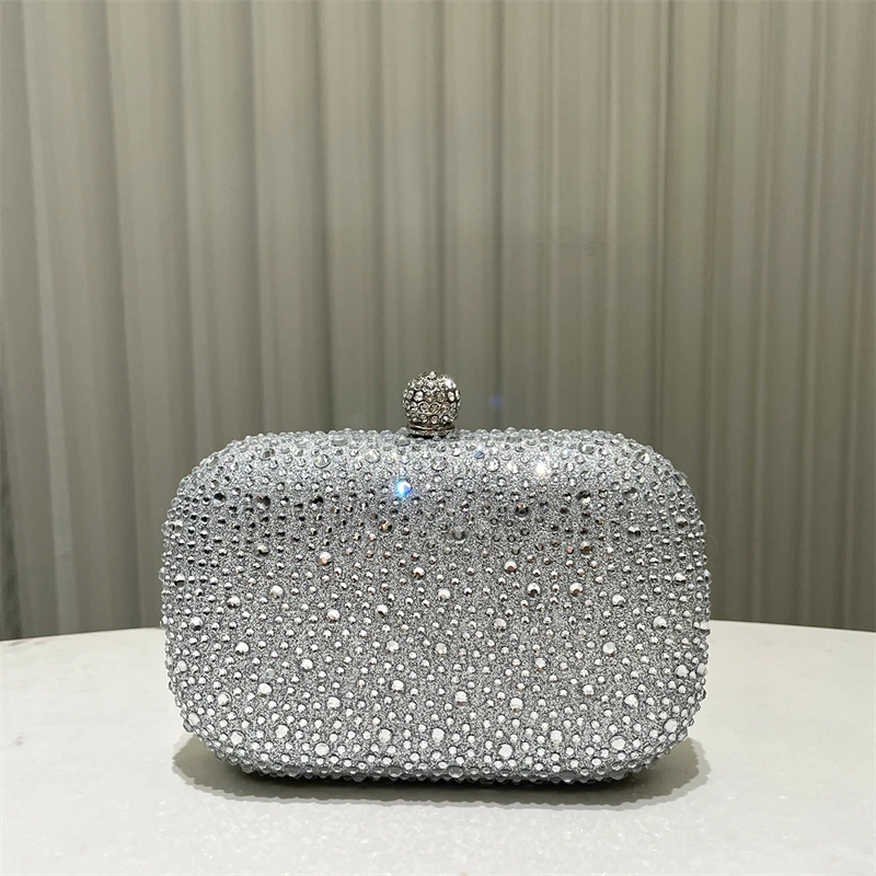 Small Emerald Rhinestone Purse Women's Round Box Shaped Evening Bags Elegant Formal Party Stylish Ladies Handbag Silver Clutch