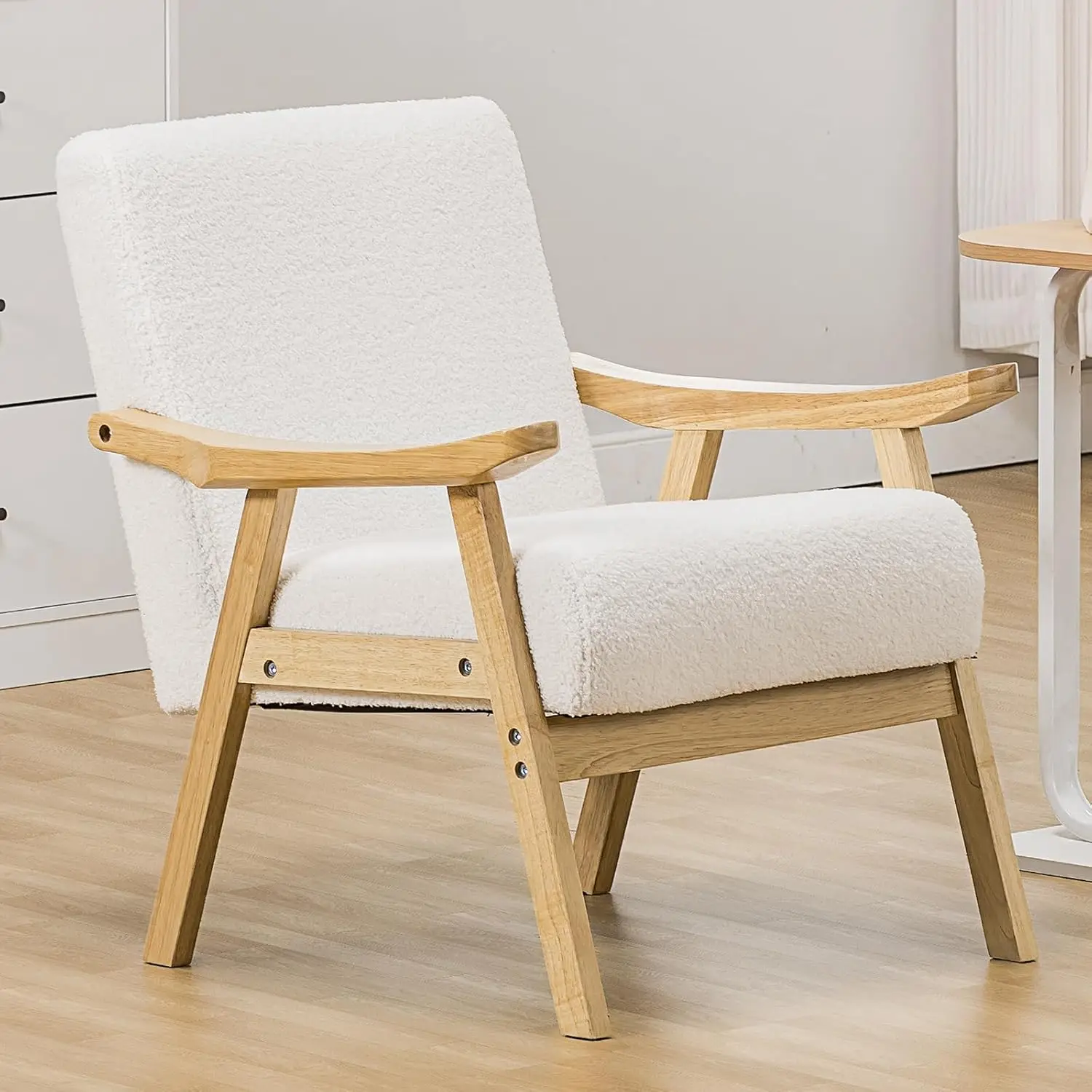 

Mid Century Accent Chair, Modern Upholstered Living Room Chairs with Solid Wood Armrest, Comfy Reading Armchair for Bedroom