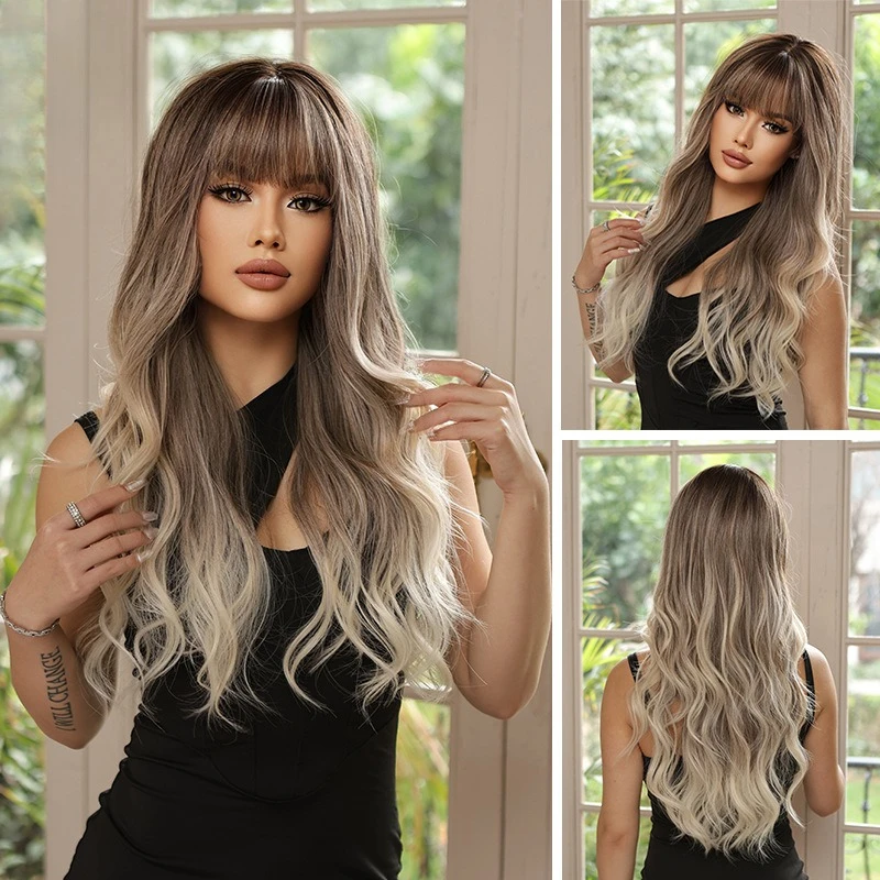 

Wig gray rice gradual change long curly hair wig female, daily air bangs natural fluffy full hood wigs
