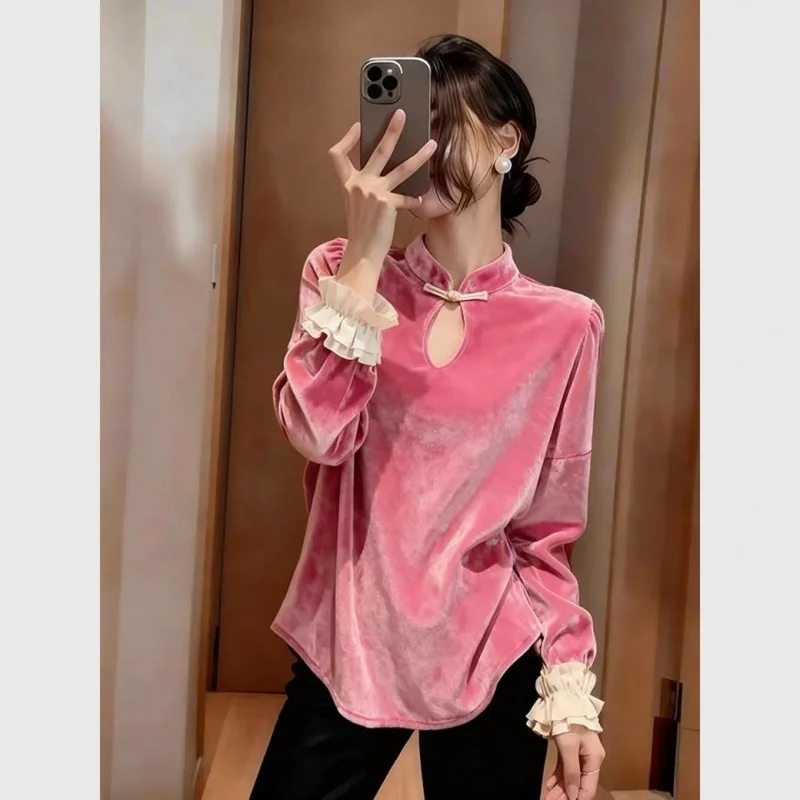 New Chinese Peach Pink Velvet Shirt, Autumn  Winter Inner and Outer Bottoming Shirt, National Style Improved Hanfu Button-up Top