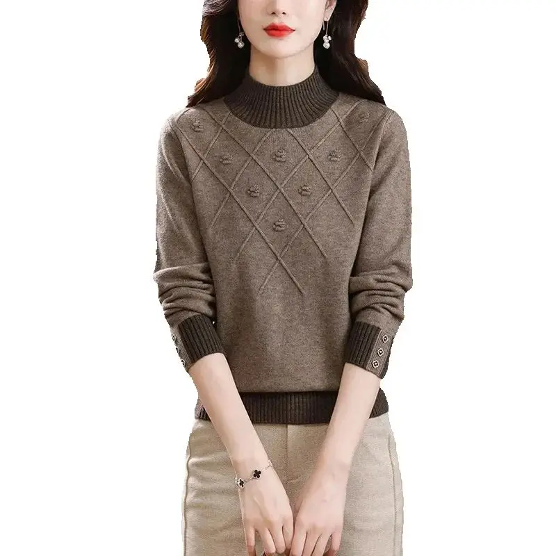 

Autumn Winter Half High Neck Knitted Sweater Women Pullover Patchwork Loose Casual All-match Bottoming Sweater Ladies Jumper Top