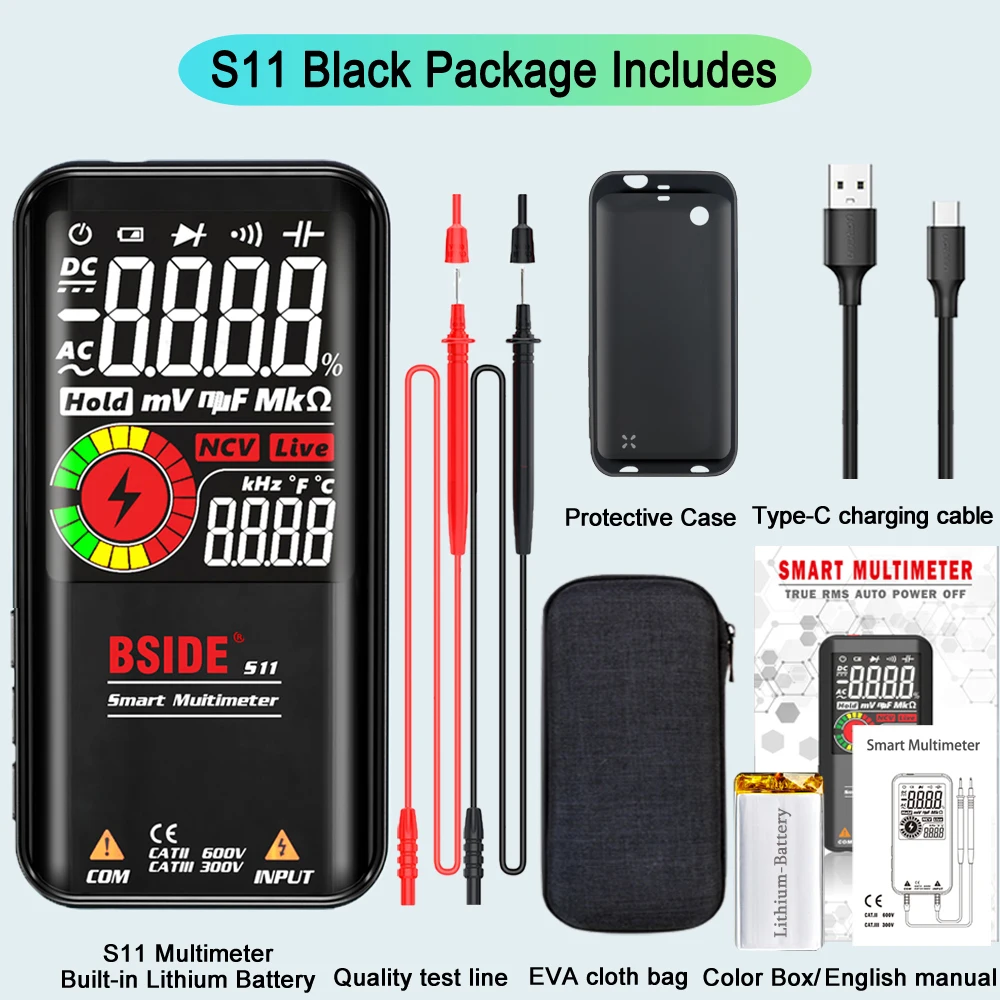 BSIDE Handmultimeter, wiederaufladbar, 9999 Anzeigen, großes LCD-Display, automatische Bereichswahl, elektrisches Messwerkzeug für Zuhause, Werkstatt, Labor