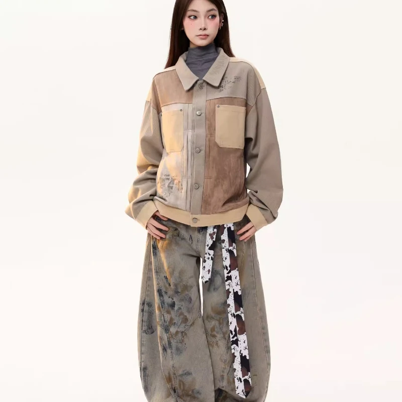 Kurtki w stylu American Retro Unisex Wiosna 2026 Nowe Zamszowe Zdobienia Kieszenie Słodki Cool Luźny Styl Y2k Uniwersalne Płaszcze dla Par