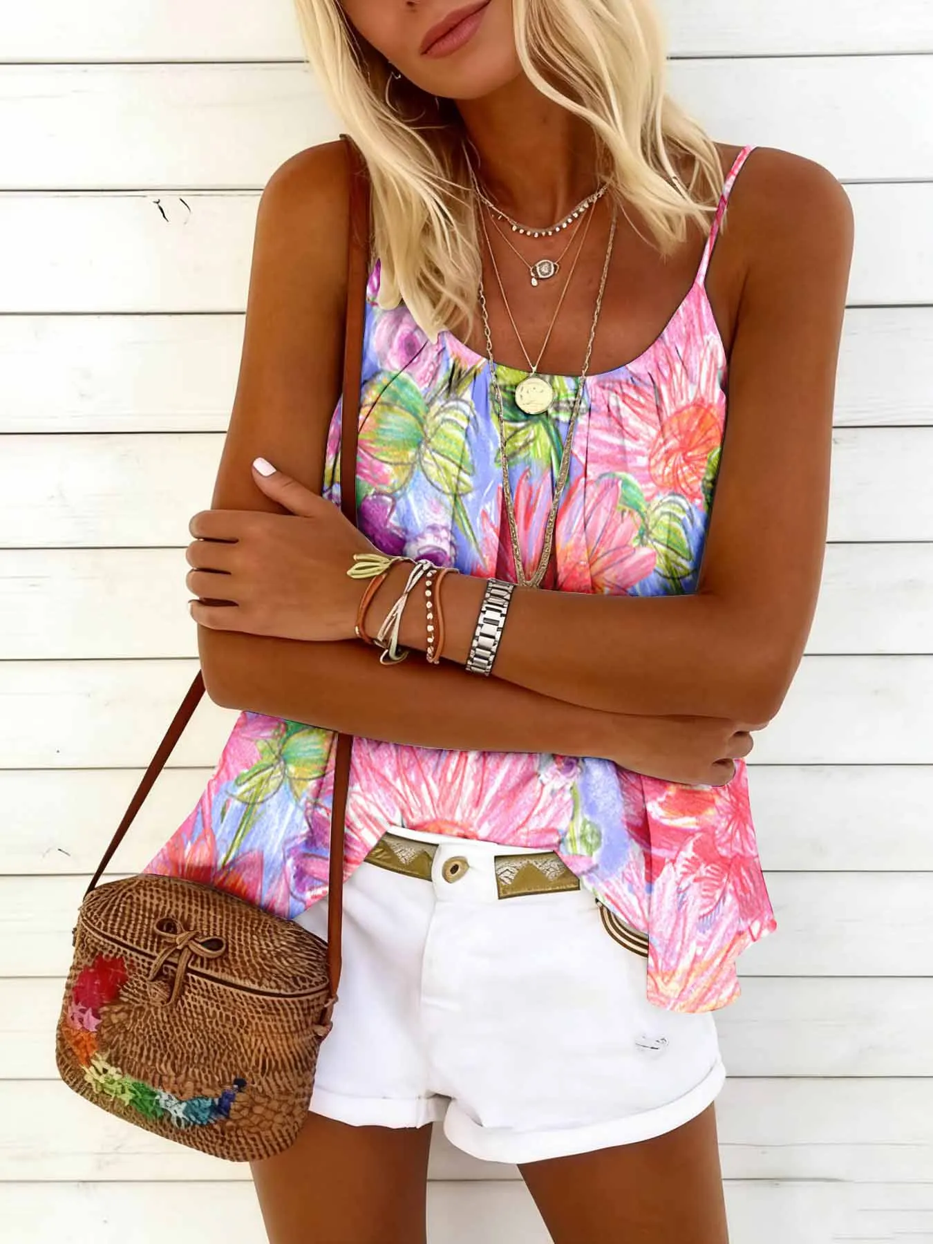 Sommerliches, lockeres Camisole-Top mit Rundhalsausschnitt, bequem, hautfreundlich, lässig, vielseitig, temperamentvolles Oberteil für Damen – Detail 6