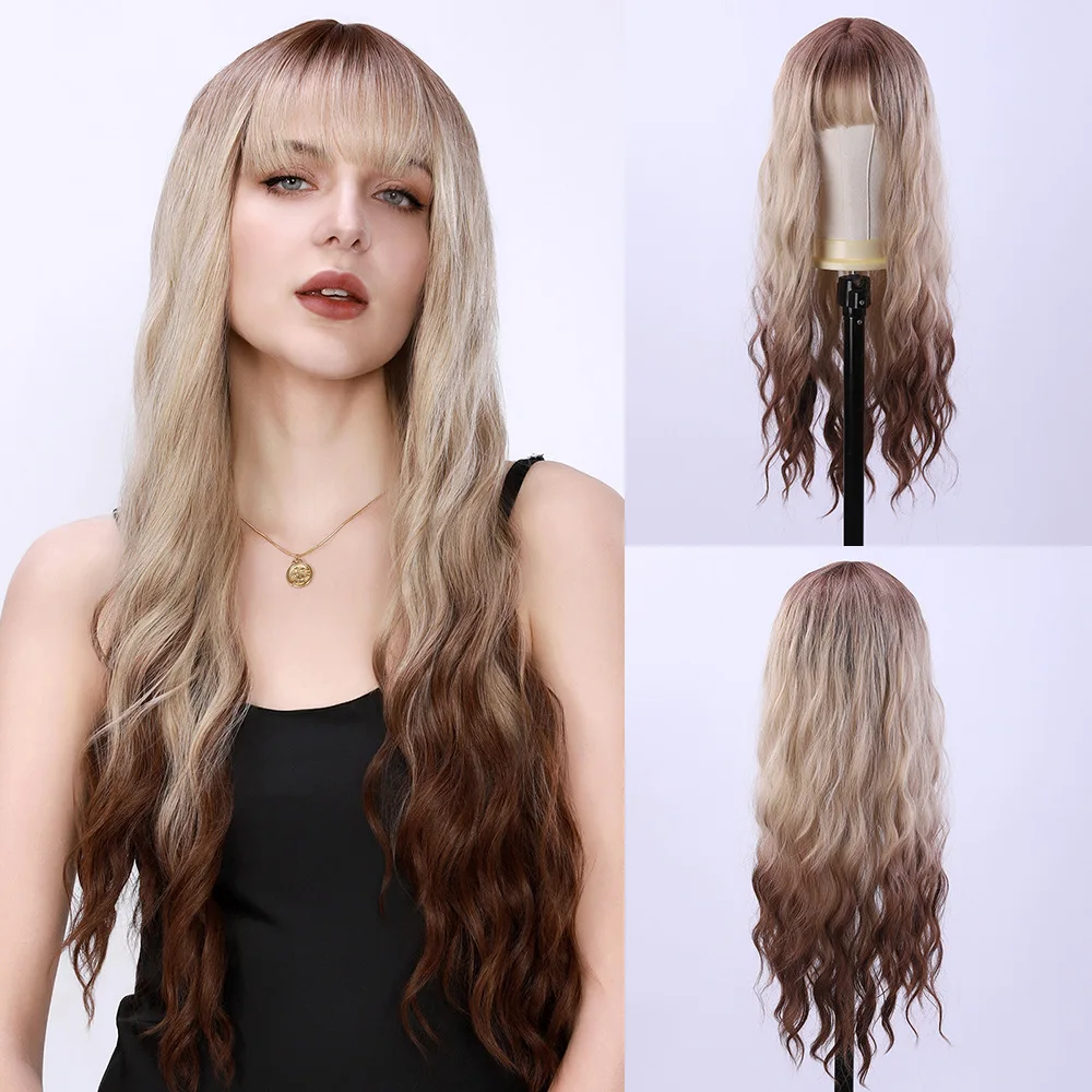 

Wig European and American wig Qi bangs dyed brown long curly hair chemical fiber headgear wigs