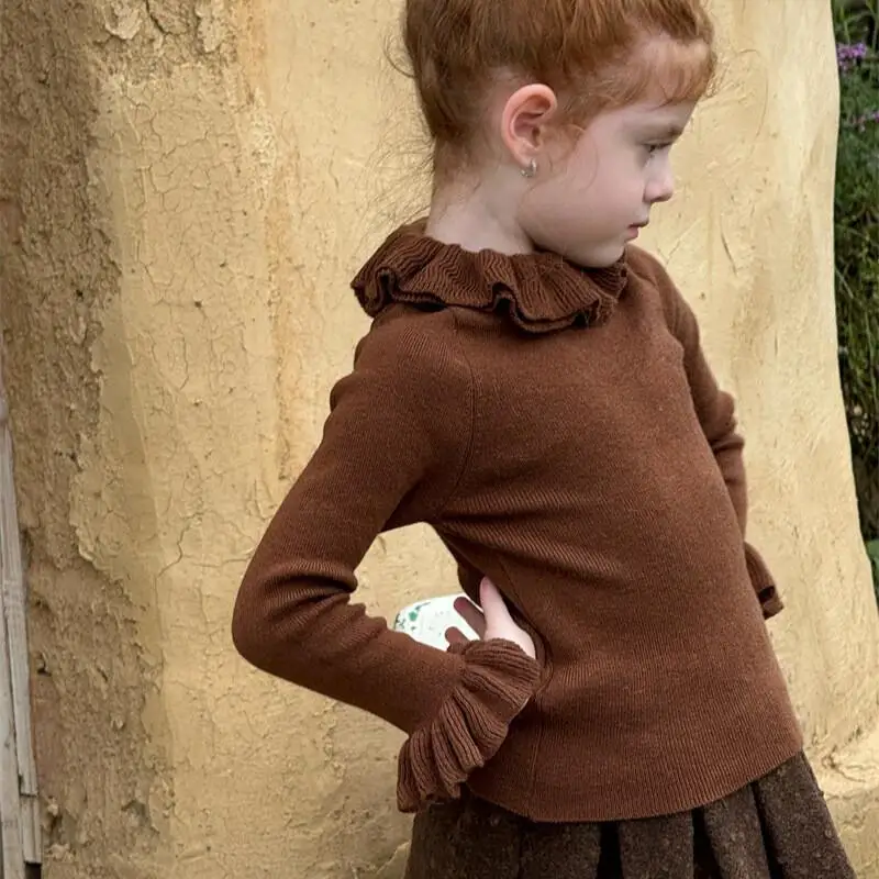 

Весенне-осенний вязаный свитер для девочек, однотонный топ с воротником в виде листьев лотоса и длинными рукавами, тонкий новый модный пуловер, детская одежда