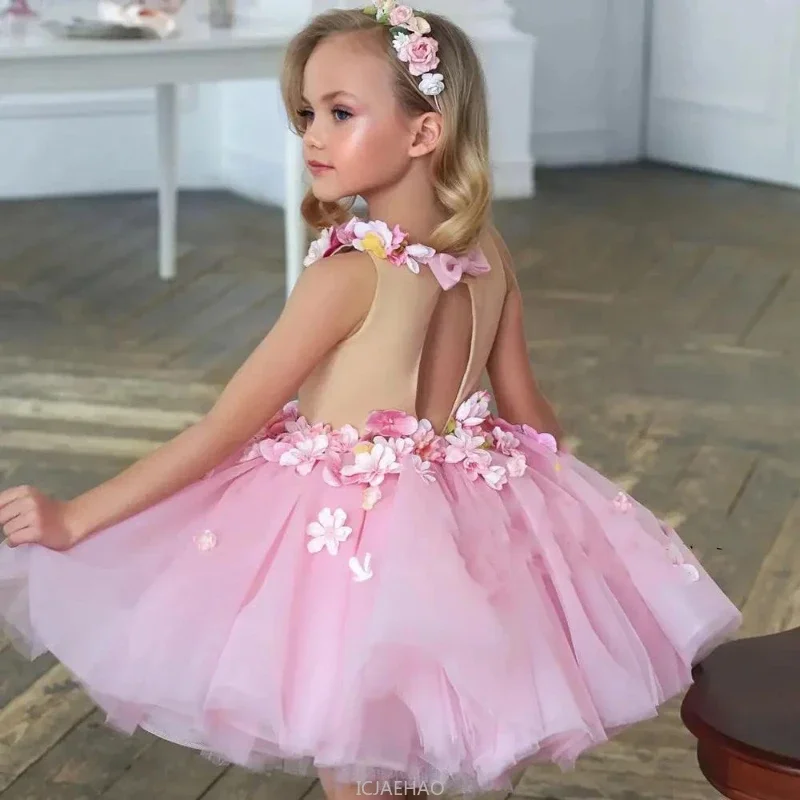 

Wed Dress 2025, розовое платье принцессы на день рождения для девочек, пышная одежда с цветочным узором для девочек, костюмные платья, кружевное платье-пачка с цветочным принтом, детское праздничное платье